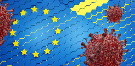 hexagonal design of the flag of Europe and  Virus cells 3d-illustrationの写真素材