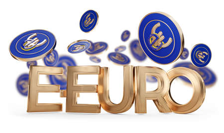 E-Euro symbol creative symbolic golden and coins 3d illustrationの写真素材