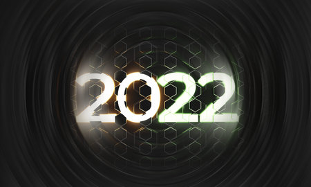 2022 neon light symbol in the middle of a creative swirl background 3d illustrationの写真素材