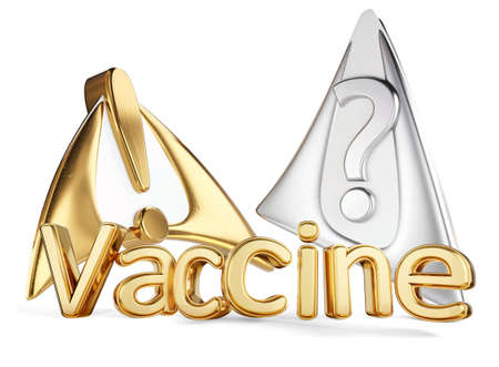 vaccine letters and exclamation mark and question mark golden and silver 3d illustrationの写真素材