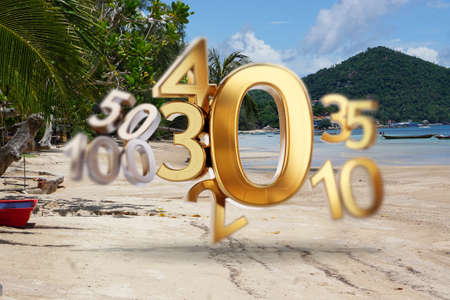 beach background of Koh Tao in Thailand at the Sairee Beach and golden zero symbol. 0 and changing number as 20, 30, 40 as incidences 3d-illustrationの写真素材