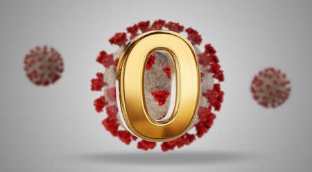 zero covid cases. golden 0 in front of a Coronavirus virus cell symbolic 3d illustrationの写真素材