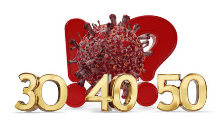red Coronavirus cell with exclamation mark and question mark and 30 40 50 golden bold letters symbol 3d-illustrationの写真素材