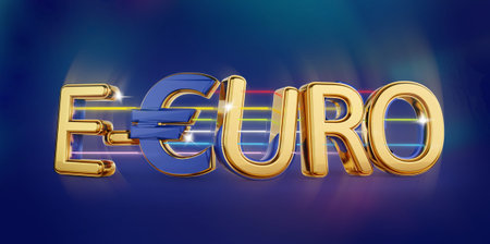 e-Euro golden bold letters symbolic digital currency of Europe 3d-illustrationの写真素材
