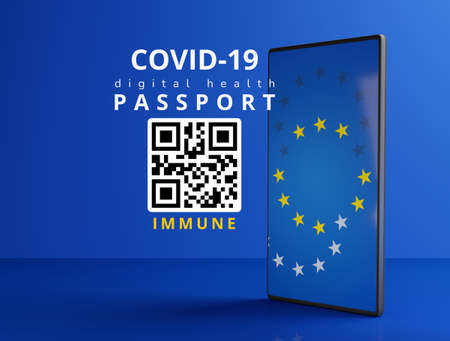 concept of digital health passport of Europe and mobile phone 3d-illustrationの写真素材