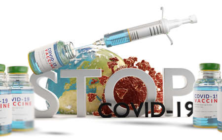 Stop Covid-19 and syringe and Coronavirus vaccine dose, transparent glass bottle with the vaccine against Covid-19 as 3d-illustrationの写真素材