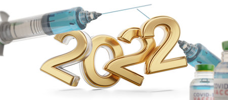 2022 symbolic concept of COVID-19 vaccination with syringe. Coronavirus 3d illustration