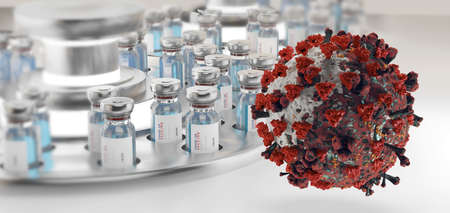 Coronavirus Covid-19 vaccine. Vaccination bottles production 3d-illustration