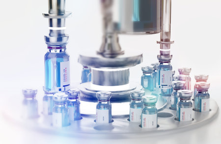 Coronavirus Covid-19 vaccine. Vaccination bottles. Production logisitcs or science 3d-illustrationの写真素材