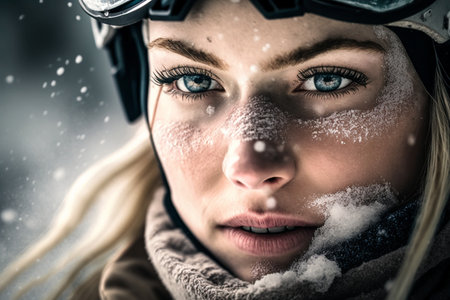 a young adult woman with blond hair in the snow with snowflakes as it snows, wearing ski or snowboard goggles and a ski helmet, snow on her face and cold winter weather doing winter sports. Generative AIの素材