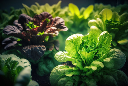 lettuce indoors under uv lamps in soil. Generative AIの素材