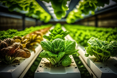 lettuce indoors under uv lamps in soil. Generative AIの素材
