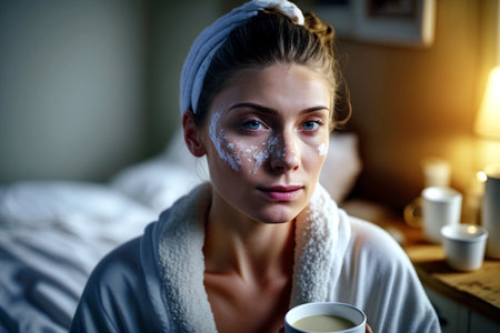 young adult woman sits at home on bed in bathrobe after shower with cup, moisturizing face cream or similar on face, relaxed after long day, evening or night with bedside lamp. Generative AIの素材