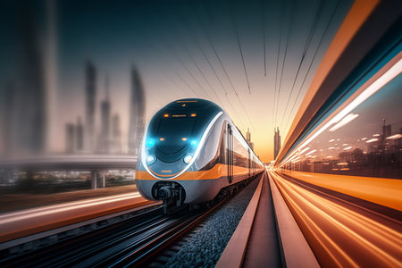 High speed abstract train with skyscrapers behind, fictional transport vehicle and location. Generative AIの素材