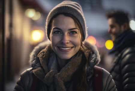 young adult woman wearing winter jacket and winter hat, in a good mood outdoors on a street at night or evening. Generative AIの素材