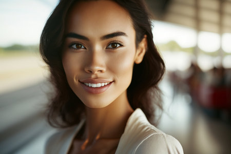 a young adult multiethnic woman outdoor with a pretty face and a beautiful smile, a close-up portrait, fictional place and person. Generative AIの素材
