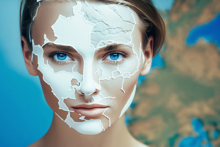 abstract makeup of an abstract map, ukraine multiethnic young woman with makeup, slender beautiful young adult woman. Generative AIの素材