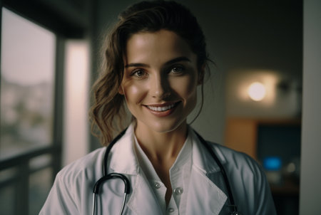 adult young woman is doctor with a stethoscope and white doctor's coat, in a room or doctor's office or hospital, smiling sympathetic nice. Generative AIの素材