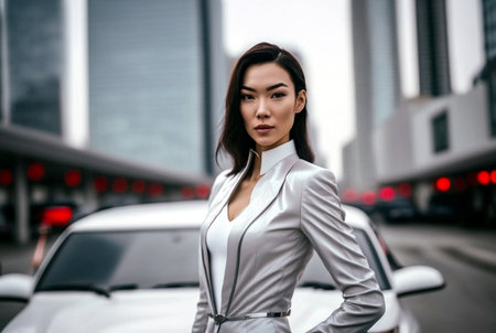 young adult multiethnic woman in elegant business suit and white car in a city on a street between skyscrapers, fictional place. Generative AIの素材