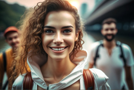 a young woman with group of friends, smiling and having fun, fictional location. Generative AIの素材