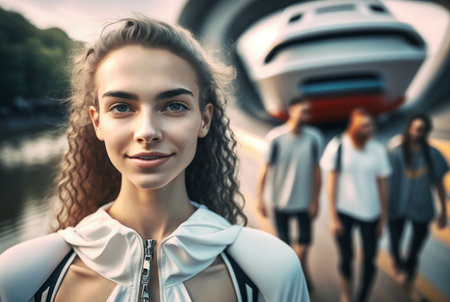 a young woman with group of friends, smiling and having fun, fictional location. Generative AIの素材
