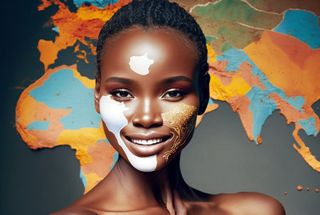 abstract makeup of an abstract map, afro american dark skinned young woman with makeup. Generative AIの素材