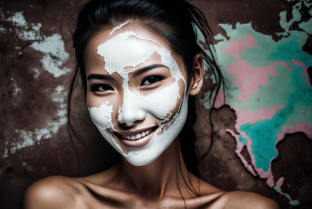 abstract makeup of an abstract map, multiethnic latin multiethnic young woman with makeup, slender beautiful young adult woman. Generative AIの素材