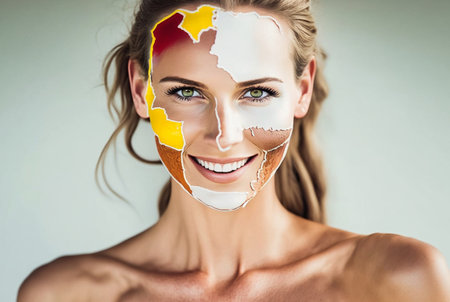 abstract makeup of an abstract map, caucasian multiethnic young woman with makeup, slender beautiful young adult woman. Generative AIの素材