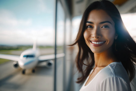 young multiethnic woman stands at the big window of an airport and smiles, a plane on the runway, departure for vacation or business trip, in the summer in the sunshine and in a shirt. Generative AIの素材