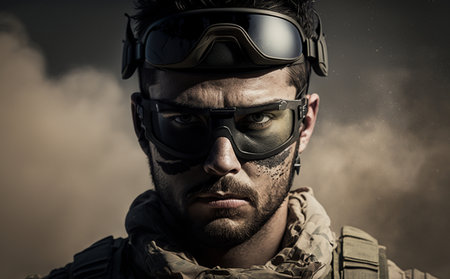 an adult man, soldier in uniform with hard hat and goggles and beard with microphone, dirty or dirty face, strong penetrating gaze, soldier in war, fictional place and person. Generative AIの素材