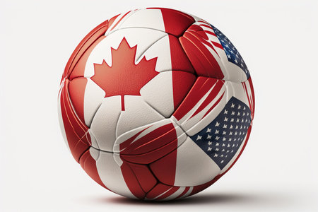 A soccer ball, abstract, with the abstract simplified flags, with light wear of Canada and America USA. Generative AIの素材