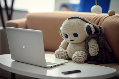 a toy robotic stuffed animal is sitting on the sofa in front of a laptop, artificial intelligence is learning. Generative AIの素材
