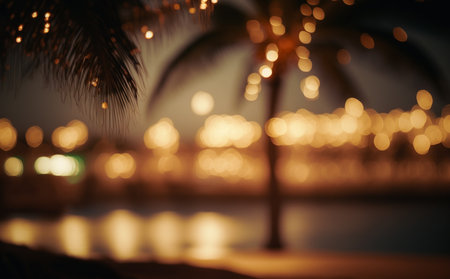 a beach overlooking the sea at night, under palm trees with lights of beach restaurants, beach vacation holiday background. Generative AIの素材