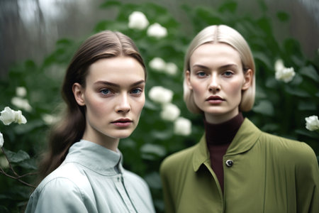 two young adult women or students outside in front of green plants, fictional place and plants. Generative AIの素材