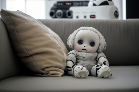 a toy robot stuffed animal is sitting on the sofa, sad shocked or like a toddler. Generative AIの素材