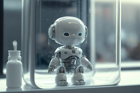 a small robot humanoid android with artificial intelligence in a glass container on a table, cute tiny. Generative AIの素材