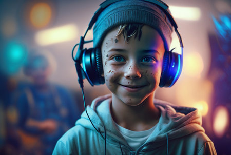 a small kid with dirty dirty face wearing headphones and cap, smiling fun and joy, satisfaction on face, fictional place. Generative AIの素材