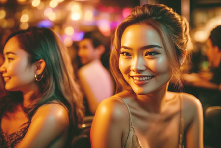 young asian adult female woman girl, friendly smiling dark tanned skin, asian girl, slim with dark hair and dark eyes, fictional place. Generative AIの素材