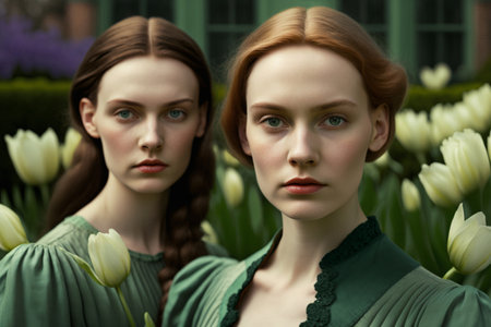 two young adult women or students outside in front of green plants, fictional place and plants. Generative AIの素材