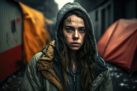 young sad adult woman standing in front of tents, fictional place and person. Generative AIの素材