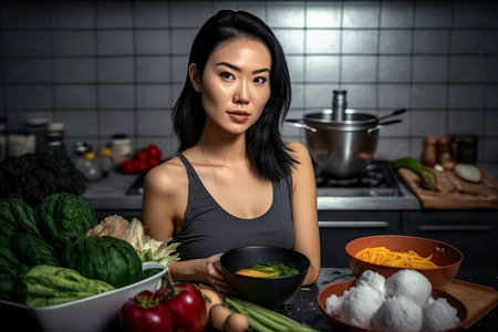 young multiethnic woman in the kitchen with vegetables. Generative AIの素材