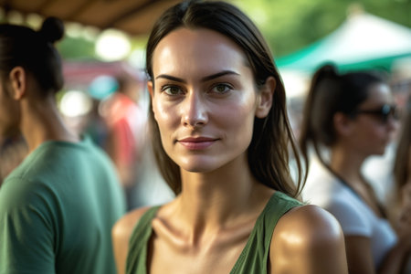a young adult woman in a green summer shirt is on vacation in a tourist side street, other people in the background, among locals, a fictitious place and person. Generative AIの素材