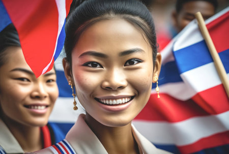 young thai adult female holding the flag of thailand, slightly abstract, friendly smiling dark tanned skin, asian girl, slim with dark hair and dark eyes. Generative AIの素材