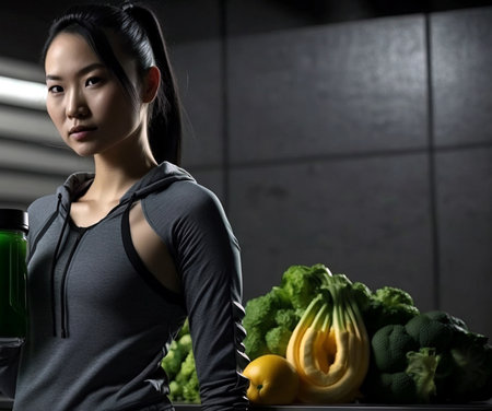 young multiethnic woman in the kitchen with vegetables, fictional vegetables. Generative AIの素材