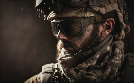 an adult man, soldier in uniform with hard hat and goggles and beard with microphone, dirty or dirty face, strong penetrating gaze, soldier in war, fictional place and person. Generative AIの素材