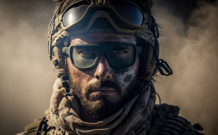 an adult man, soldier in uniform with hard hat and goggles and beard with microphone, dirty or dirty face, strong penetrating gaze, soldier in war, fictional place and person. Generative AIの素材