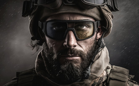 an adult man, soldier in uniform with hard hat and goggles and beard with microphone, dirty or dirty face, strong penetrating gaze, soldier in war, fictional place and person. Generative AIの素材