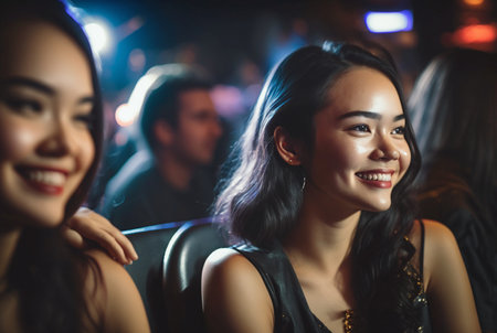multiethnic girls or young adults at cinema or concert, fictional place and people. Generative AIの素材
