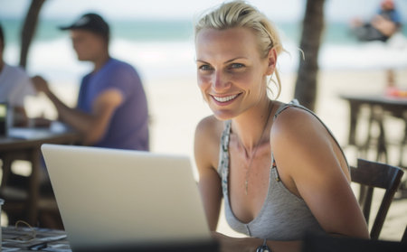 a mature adult woman with computer laptop on the beach on a wooden chair at a wooden table in the sand, working in the beach restaurant on vacation, digital internet or home office on vacation. Generative AIの素材