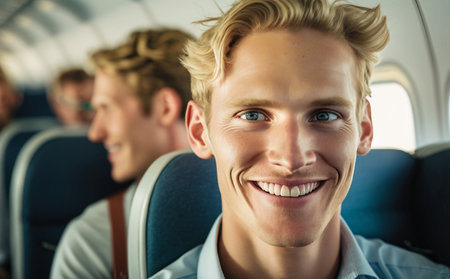 a young adult man sits in his seat on the plane and smiles, plane and flight, in flight already looking forward to landing and arrival. Generative AIの素材